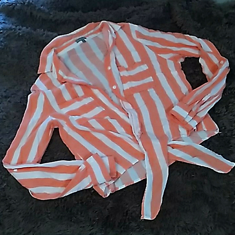White and orange button-up blouse